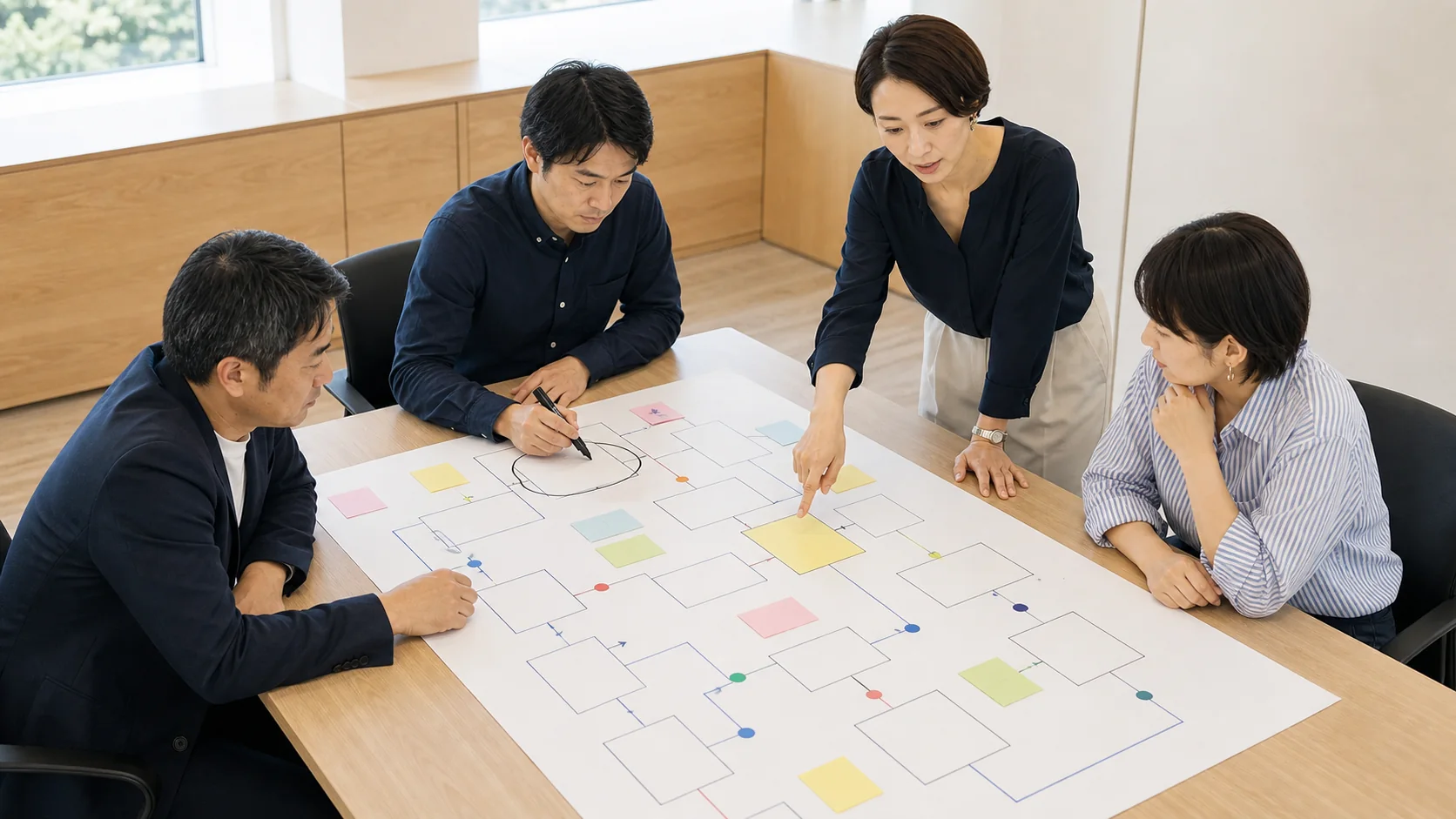 チームで大きな業務フロー図を囲み、作業時間や手戻り、判断箇所を確認する様子