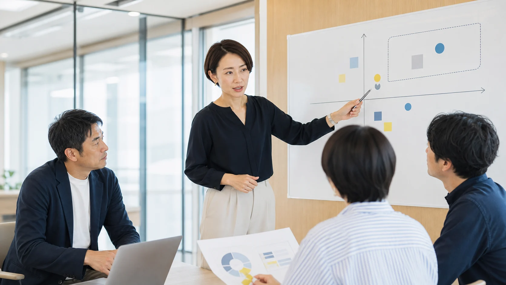チームが診断結果を見ながら、効率化する業務の優先順位と成果指標を検討する様子